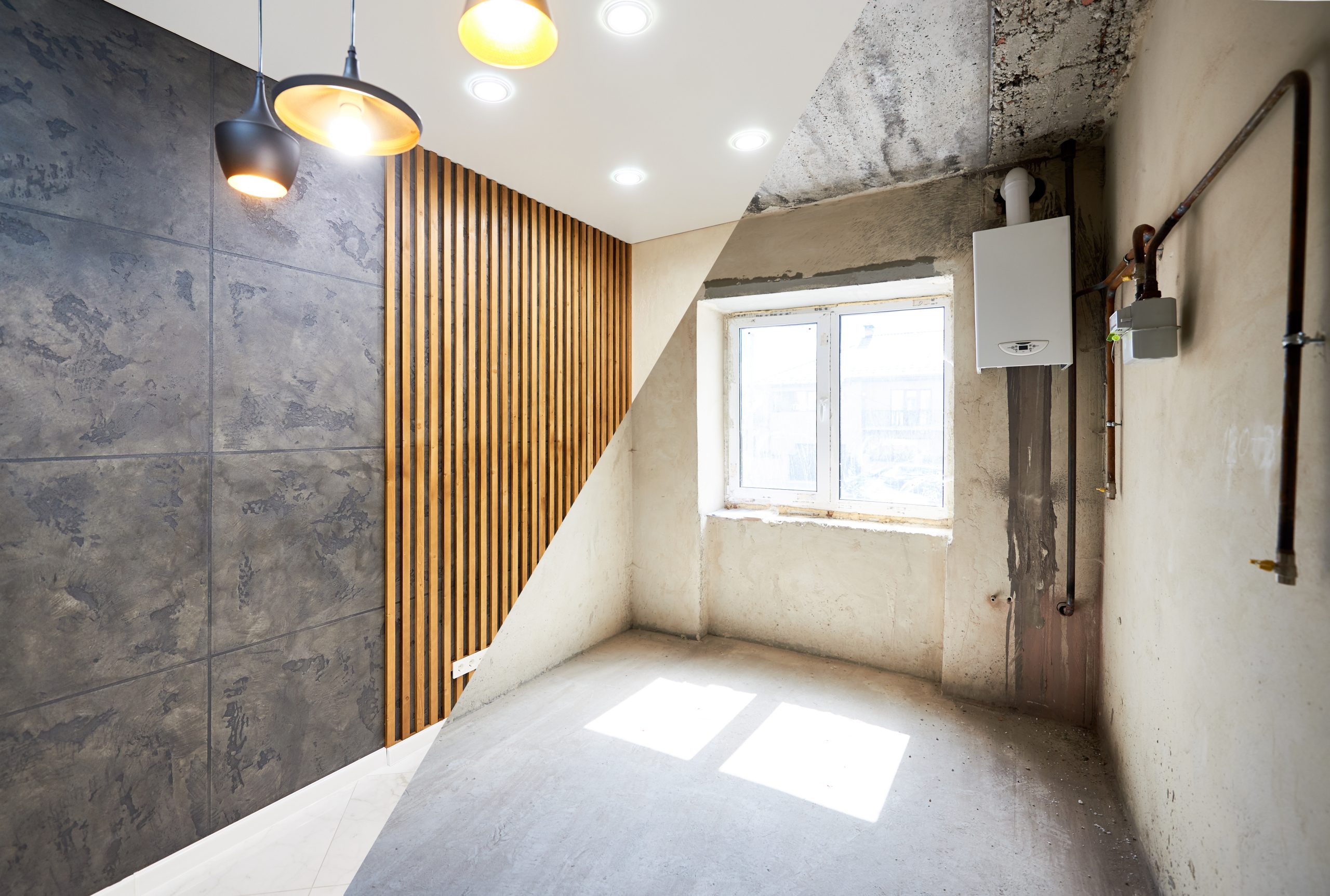 The before and after of a kitchen revamp that's part of a home renovation project