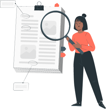 A loan consultant holding up a magnifying glass and zooming into one part of the loan contract