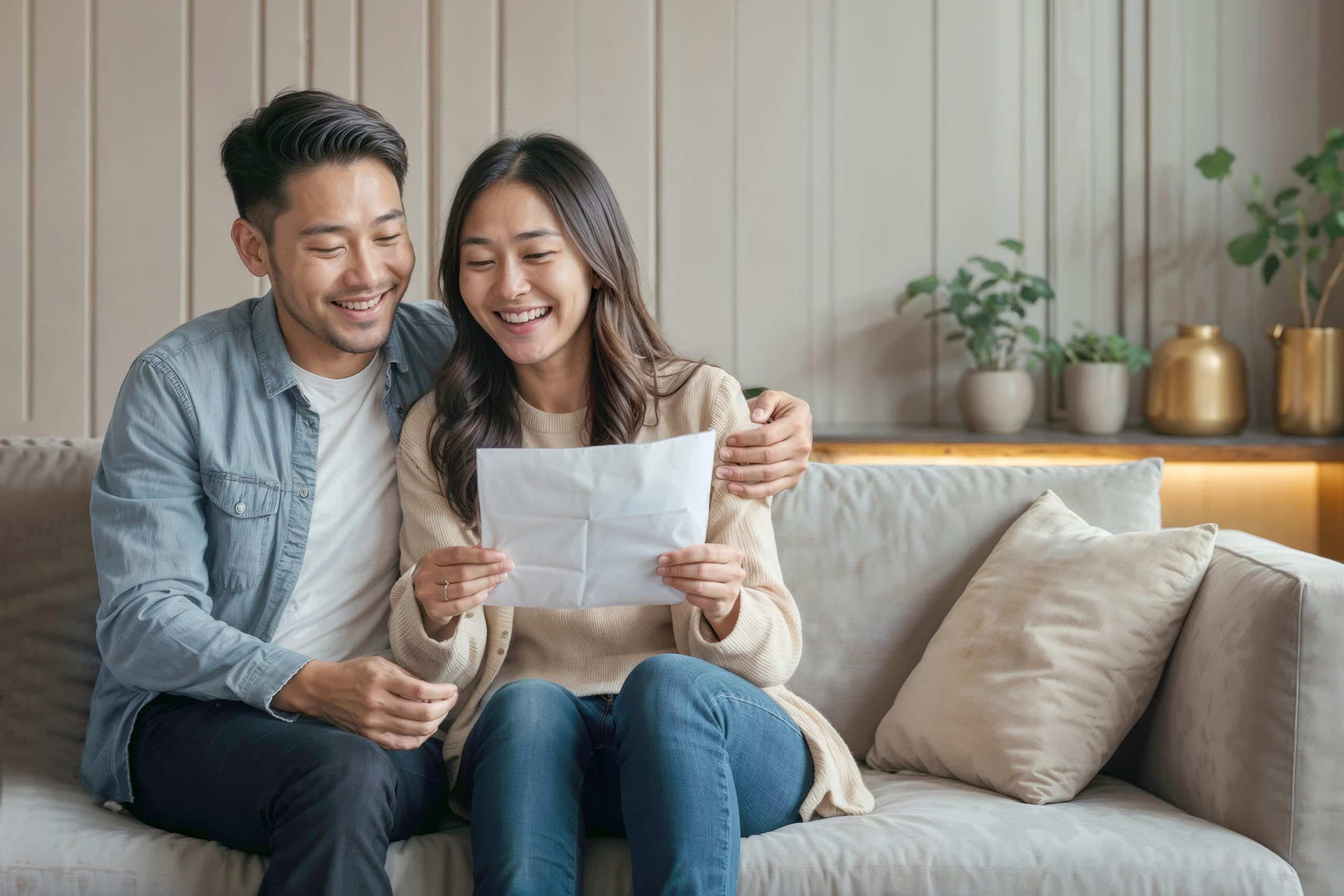 A smiling couple who has just received a debt consolidation loan in Singapore